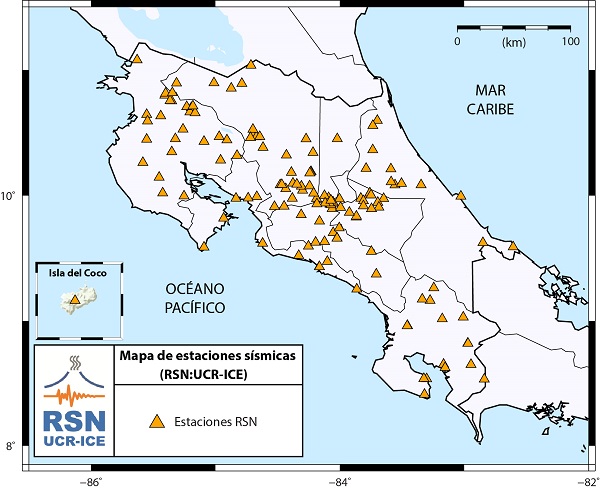 Imagen con mapa de estaciones sísmicas en Costa Rica