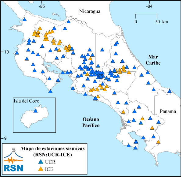 Imagen con mapa de estaciones sísmicas en Costa Rica